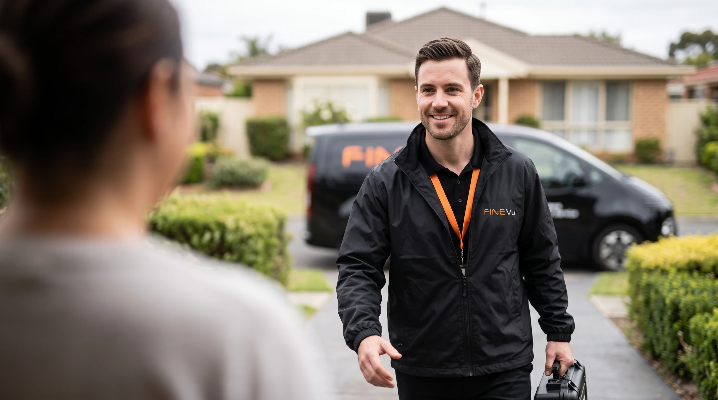 A FineVu mobile installer at a customer's home